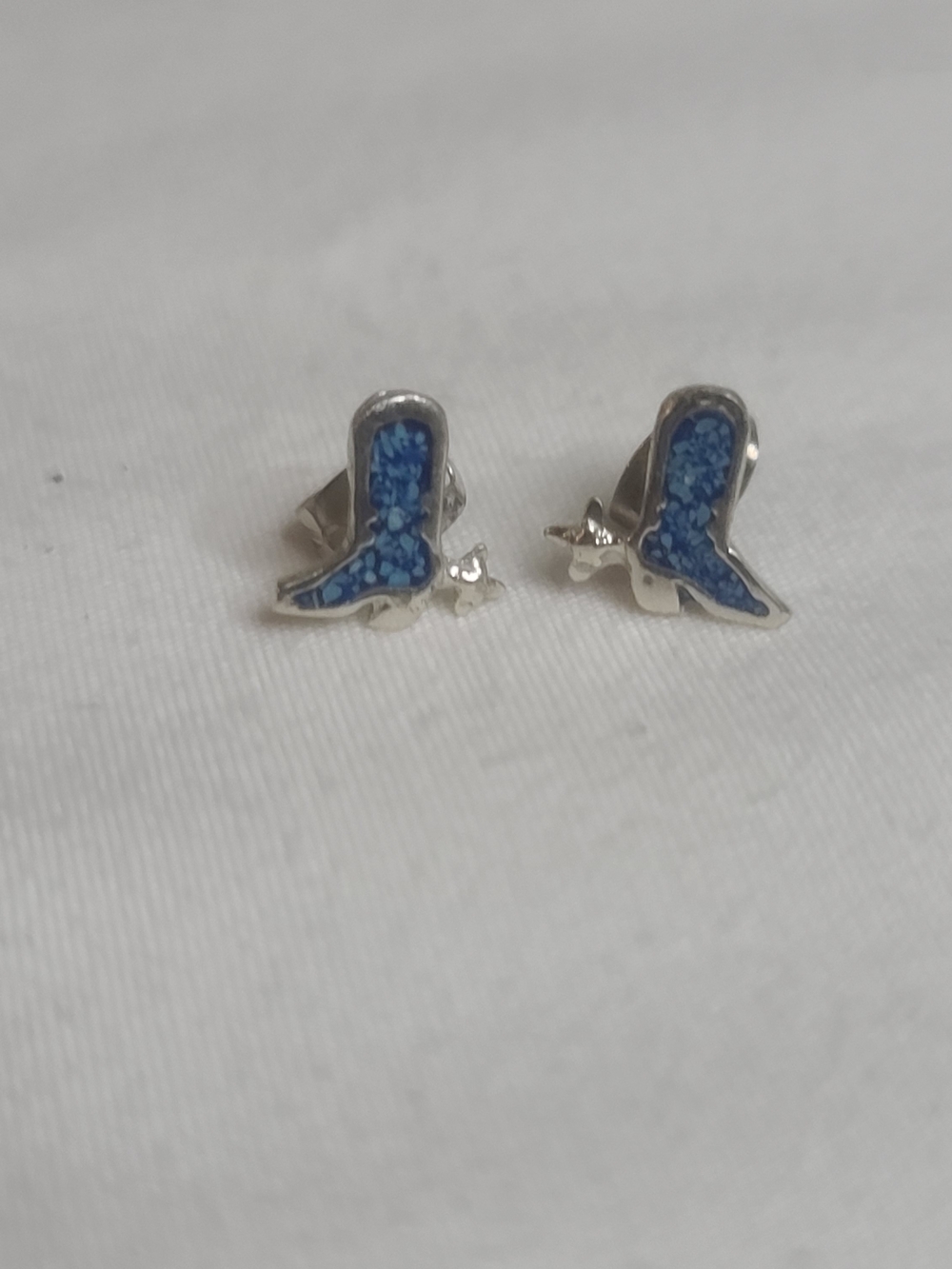 Vintage Cowgirl Boots Crushed Turquoise Inlay 925 Sterling Silver Stud Earrings